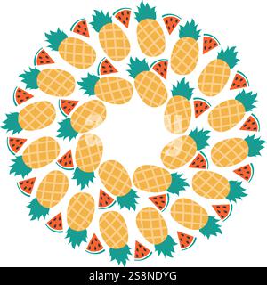 Pineapple and Watermelon slices with seed Circular frame border in Summer hues. Copy space Template. Isolated Vector illustration Thematic cards or web promo banner, leaflets, print materials or tags Stock Vector