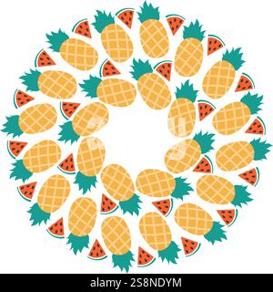 Pineapple and Watermelon slices with seed Circular frame border in Summer hues. Copy space Template. Isolated Vector illustration Thematic cards or web promo banner, leaflets, print materials or tags Stock Vector