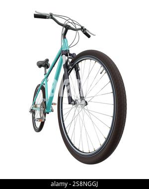 Blue teal bicycle, front side view with wide angle shot of the front wheel. Black leather saddle and handles. Isolated on white background, 3D illustr Stock Photo