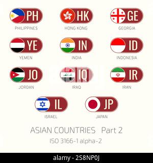 Set of vector illustrations of ISO 3166 1 alpha 2 and flags of Asian countries. Part 2. Stock Vector