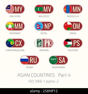 Set of vector illustrations of ISO 3166 1 alpha 2 and flags of Asian countries. Part 4. Stock Vector