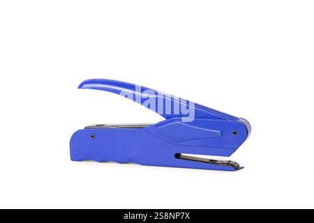 Blue metal paper stapler on a white background with copy space Stock Photo
