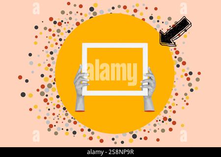 A collage of woman hands holding a photo frame on a orange circle on a pink background with colored polka dots and a black arrow Stock Photo