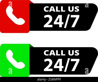 Colored 24-7 call us sign on a white background with copy space Stock Vector