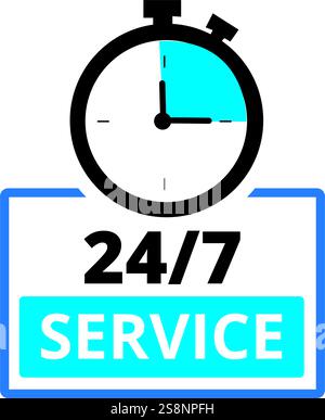 Light blue 24-7 service sign on a white background with copy space Stock Vector