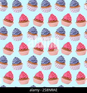 Pattern of cupcakes with cream on light blue background Stock Photo