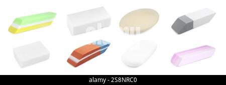 Many different erasers isolated on white, set Stock Photo