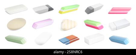 Many different erasers isolated on white, set Stock Photo