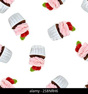 Pattern of cupcakes and raspberries on white background Stock Photo