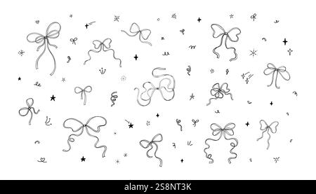 Cute line doodle tied ribbon bow hand drawn set. Confetti, firework, bling, star, light, twinkle magic effect. Sketch crayon, charcoal, pencil scribbl Stock Vector