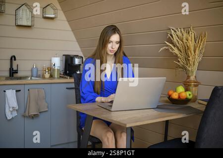 Young woman using laptop to make delivery order online sitting in cosy wooden kitchen of log cabin Stock Photo