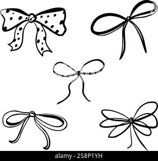 Set of doodle ribbon and rope with bow for gift. Hand drawn Vector illustration in monochrome. Outline Tie for Present black and white Stock Vector