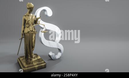 A beautiful brass Lady Justice figure with law sign and space for your content, 3D illustration Stock Photo