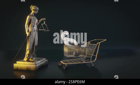 A beautiful brass Lady Justice figure with a shopping cart, 3D illustration Stock Photo