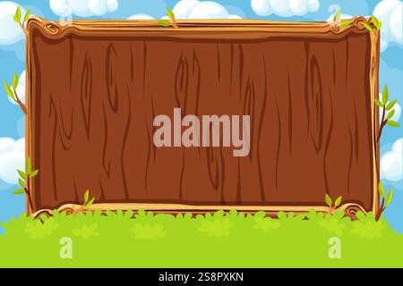 Wooden board for game UI. Background or screen for your game development. Blue sky and wooden board on green grass Stock Vector