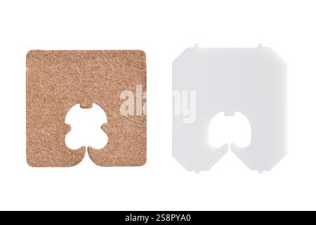 Paper cardboard recyclable biodegradable and white plastic bread clip tags isolated cutout on white Stock Photo