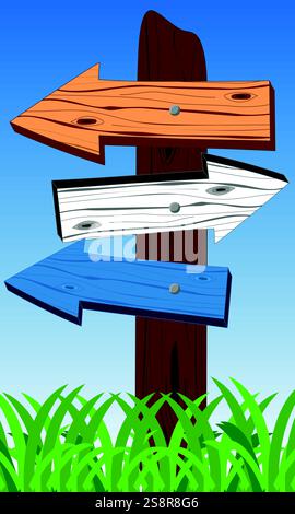 Wooden effect retro Signpost with different colour arrows pointing in different directions, options or career or life choices concept, Cartoon wood Stock Vector