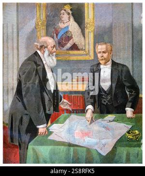 Underneath a portrait of Queen Victoria, Lord Salisbury (left) and Paul Cambon examine a map appendix to the Anglo-French Convention of 1898, also known as the Niger Convention, was an agreement between Britain and France which concluded the partition of West Africa between the colonial powers by finally fixing the borders in the disputed areas of Northern Nigeria. It was signed by France on 14 June 1898 In 'Le Petit Journal', April 9, 1899 Stock Photo