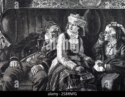 Engraving depicting a man falling asleep on another passenger in a first-class carriage. Dated 19th century Stock Photo