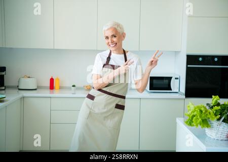 Charming elderly woman in apron enjoys preparing meal in modern kitchen Stock Photo
