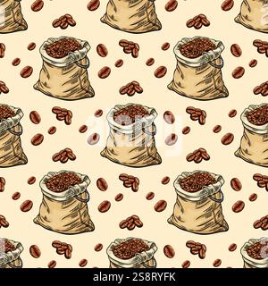 Engraving, bag of coffee beans, vector illustration in color and line sketch of seamless pattern Stock Vector