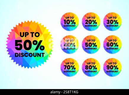 Up to 10, 20, 30, 40, 50, 60, 70, 80, and 90 percent off, Sale tags set. Sale offer sign. Special offer symbol. Discount promotion Stock Vector