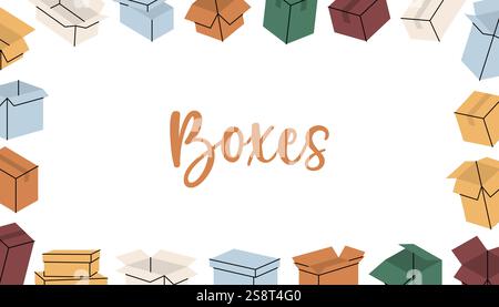 Delivery boxes in horizontal banner. Package cardboard boxes. Present gift boxes. Vector illustration. Stock Vector