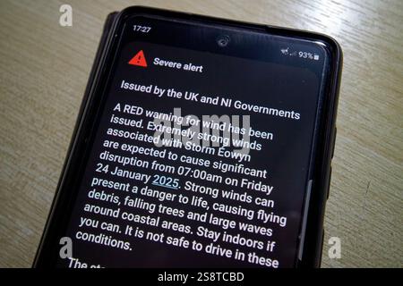 severe alert issued to mobile phone by the UK and NI governments for red warning issued due to Storm Eowyn Stock Photo