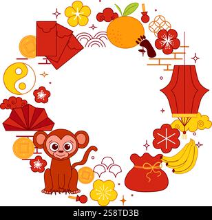 Chinese lantern festival new year 2028 monkey circle round frame. Vector graphic line illustration template Stock Vector