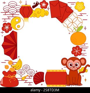 CNY 2028 monkey lunar lantern festival circle round frame. Vector graphic line illustration template Stock Vector