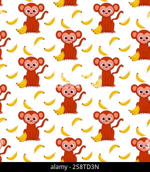 Seamless pattern with cute monkeys and bananas. Cartoon vector graphic line background. Stock Vector