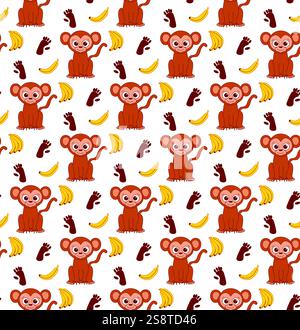Seamless pattern with cute monkeys with footsteps and bananas. Cartoon vector graphic line background. Stock Vector