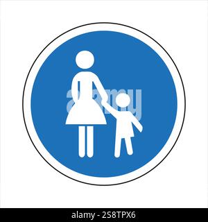 Round blue and white pedestrian sign indicating a path for mothers and children Stock Vector
