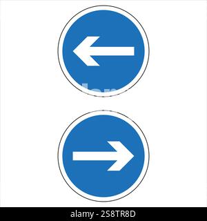 Mandatory direction traffic signs showing left and right white arrows inside blue circles over white background Stock Vector