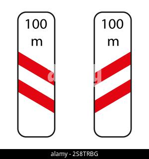 Pair of rectangular traffic signs with red and white stripes, indicating a railway level crossing located 100 meters ahead Stock Vector