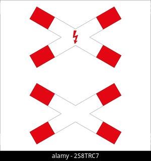 cross railroad crossing signs indicating electric and no electric traction, warning about unguarded level crossings without gates or barriers Stock Vector