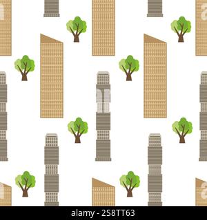 Seamless city background with modern houses and green trees. Vector illustration Stock Vector