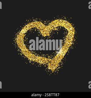 Gold glitter doodle heart on dark background. Gold grunge hand drawn heart. Romantic love symbol. Vector illustration. Stock Vector