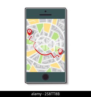 Mobile phone with a map of the city and the route from point A to point B. Vector illustration Stock Vector