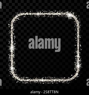 Silver glitter frame. Square with rounded corners frame with shiny sparkles on dark transparent background. Vector illustration Stock Vector