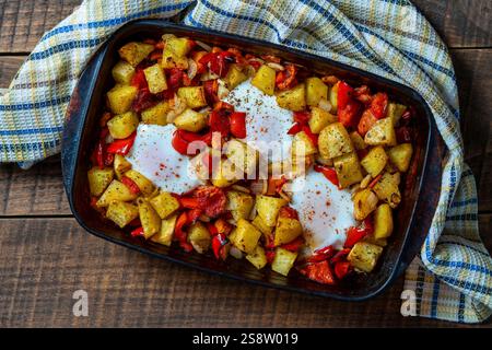 Baked mix vegetables with eggs in the oven on a glass dishes for baking, close up, top view Stock Photo