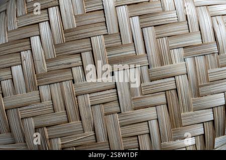Texture of straw weaving, close up. Straw wicker basket, macro. Small bamboo basket, stylish interior item, eco design, handmade. Natural decor. Natur Stock Photo