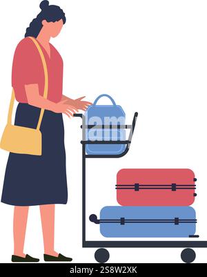 Tourist woman pushing a luggage trolley filled with suitcases and a backpack at the airport terminal, getting ready for departure or arrival while Stock Vector