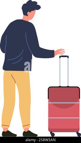Businessman walking with his trolley luggage at the airport terminal, going to boarding gate, business trip or vacation concept, simple flat vector Stock Vector