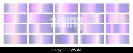 Shiny metal hologram texture purple gradient background set. Shiny spectrum holographic pink and violet gradation collection. Vector illustration Stock Vector