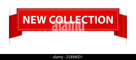Red ribbon banner displaying new collection in white text, creating an eye catching element for e commerce and marketing applications, perfect for Stock Vector