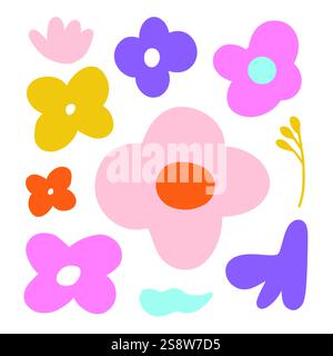 Bright floral design with pink, yellow, and purple flowers and whimsical petals. Perfect for spring, summer, and botanical-themed creative projects Stock Vector