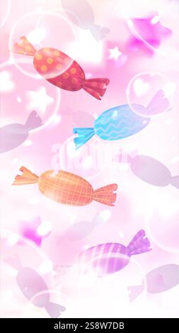 Assorted colorful wrapped candies with patterns floating on a pink dreamy background with bubbles and stars. Stock Vector