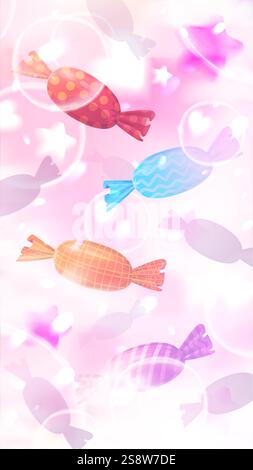 Assorted colorful wrapped candies with patterns floating on a pink dreamy background with bubbles and stars. Stock Vector