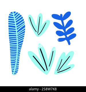 Blue and green leaf arrangement with soft, bold lines. A modern tropical design for eco-friendly, nature, and rainforest-inspired illustrations Stock Vector